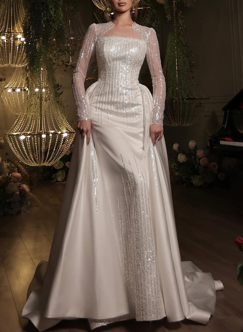 Luxury Sequins Illusion Neck Long Sleeves Overskirt Satin Wedding Dresses