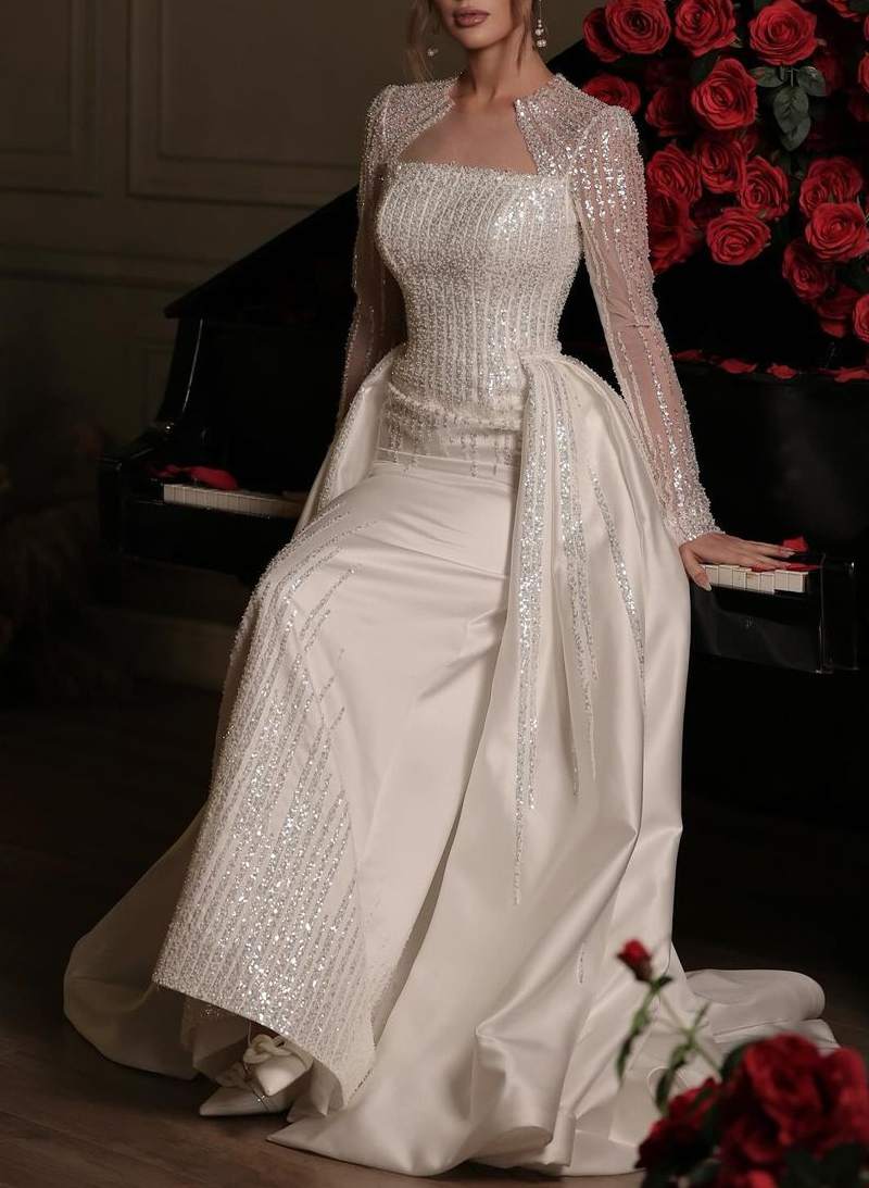 Luxury Sequins Illusion Neck Long Sleeves Overskirt Satin Wedding Dresses