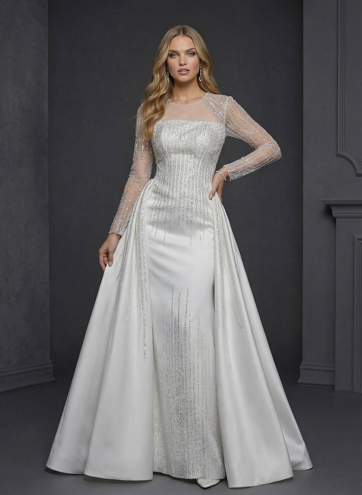Luxury Sequins Illusion Neck Long Sleeves Overskirt Satin Wedding Dresses