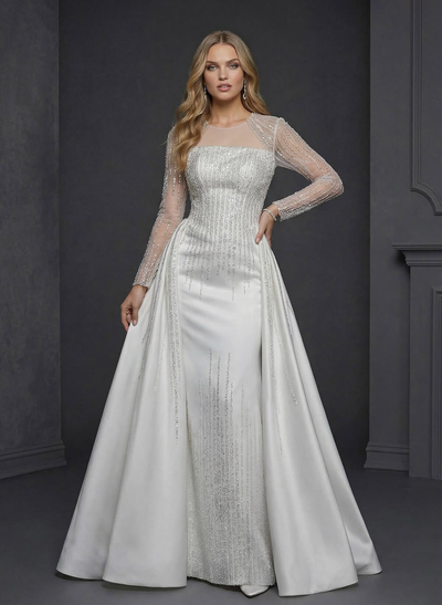 Luxury Sequins Illusion Neck Long Sleeves Overskirt Satin Wedding Dresses