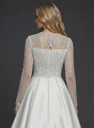 Luxury Sequins Illusion Neck Long Sleeves Overskirt Satin Wedding Dresses