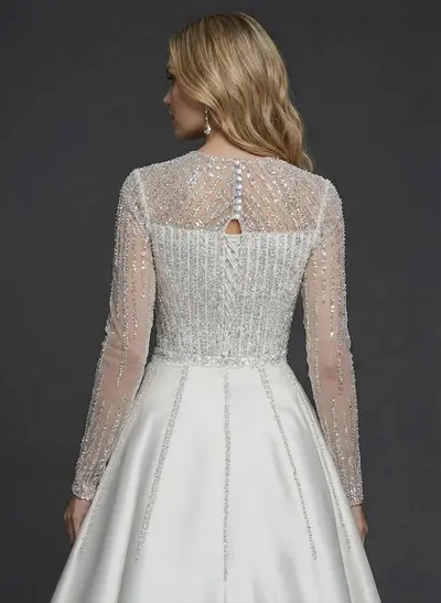 Luxury Sequins Illusion Neck Long Sleeves Overskirt Satin Wedding Dresses