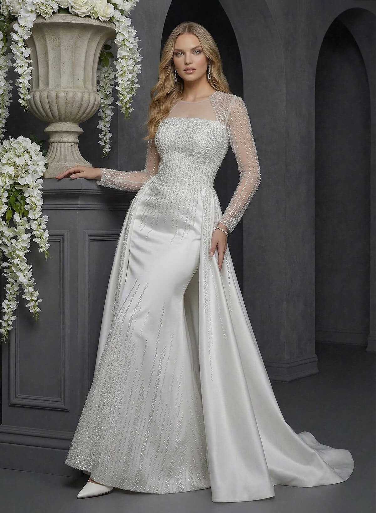 Luxury Sequins Illusion Neck Long Sleeves Overskirt Satin Wedding Dresses