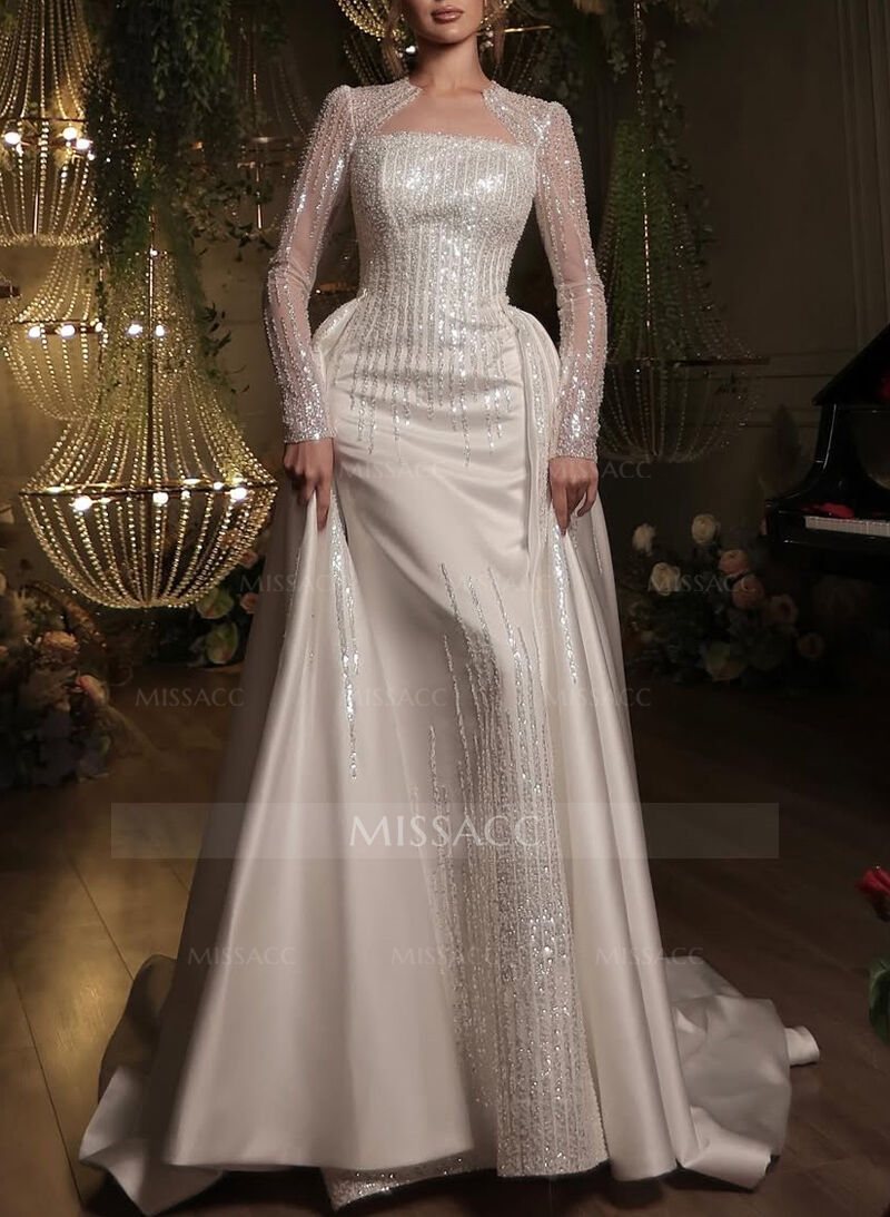 Luxury Sequins Illusion Neck Long Sleeves Overskirt Satin Wedding Dresses