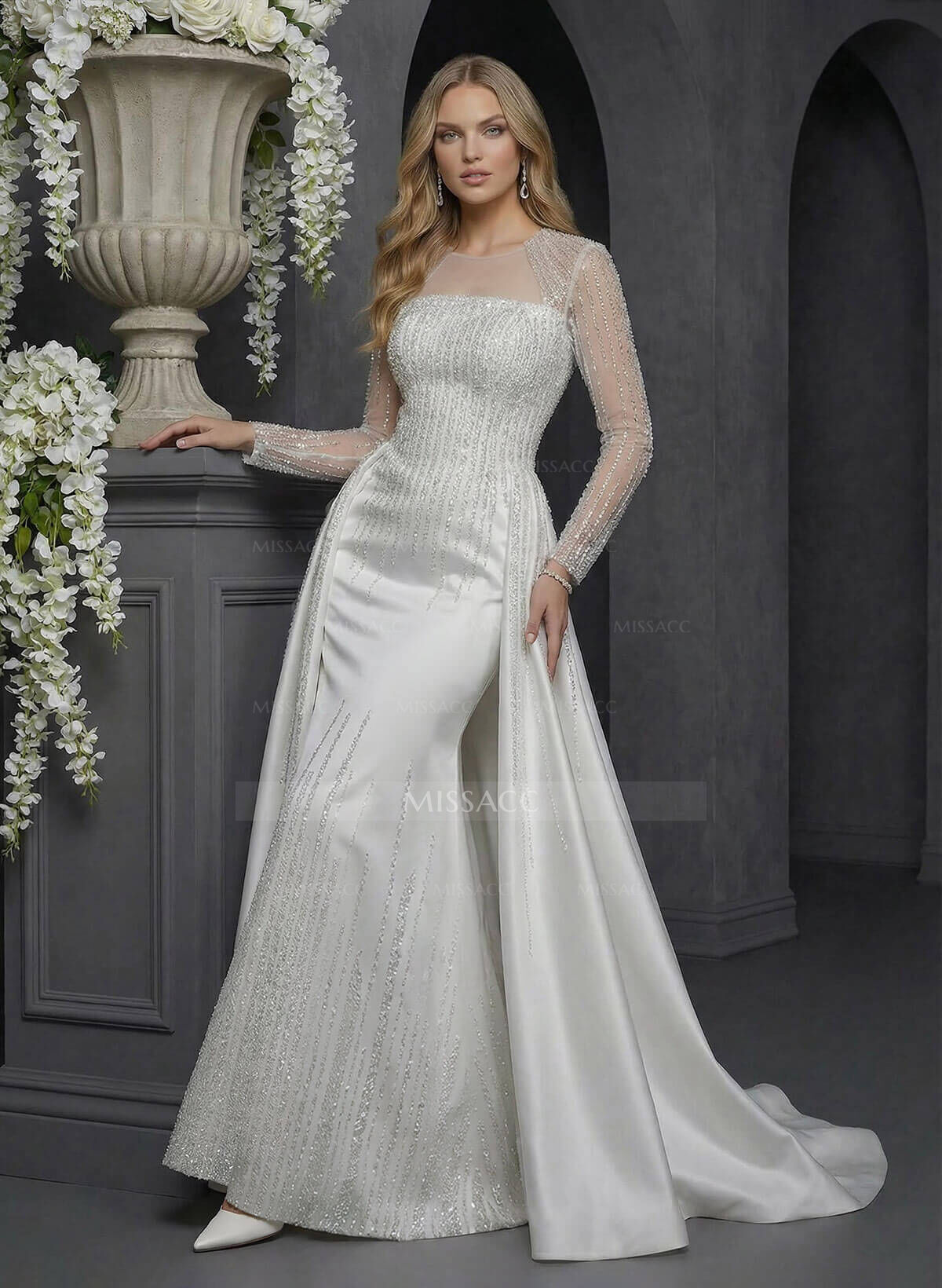 Luxury Sequins Illusion Neck Long Sleeves Overskirt Satin Wedding Dresses