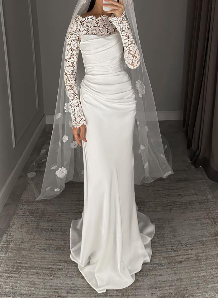 Unique Ruched Scoop Neck Lace Long Sleeves Silk Like Satin Wedding Dresses