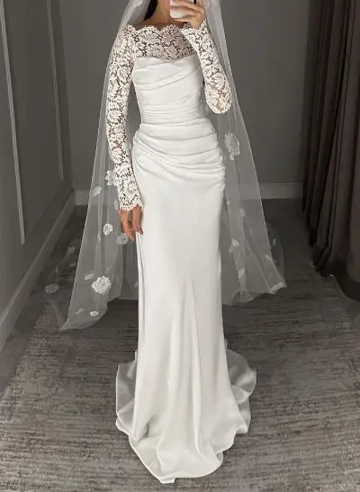 Unique Ruched Scoop Neck Lace Long Sleeves Silk Like Satin Wedding Dresses