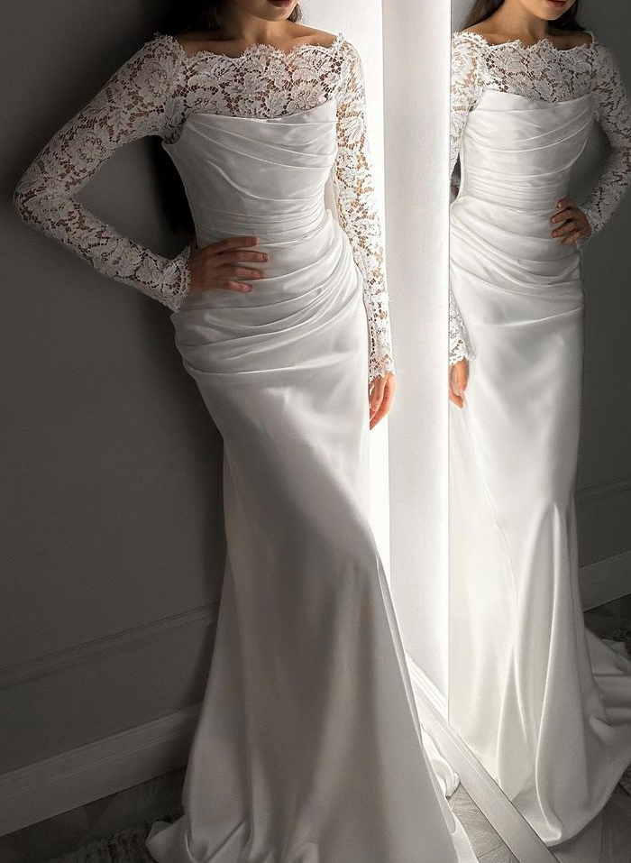 Unique Ruched Scoop Neck Lace Long Sleeves Silk Like Satin Wedding Dresses