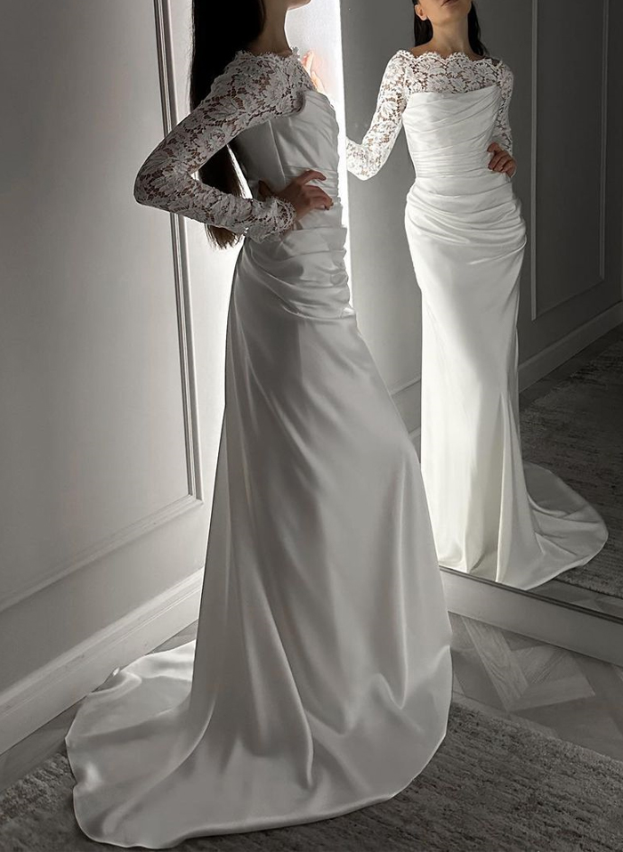 Unique Ruched Scoop Neck Lace Long Sleeves Silk Like Satin Wedding Dresses