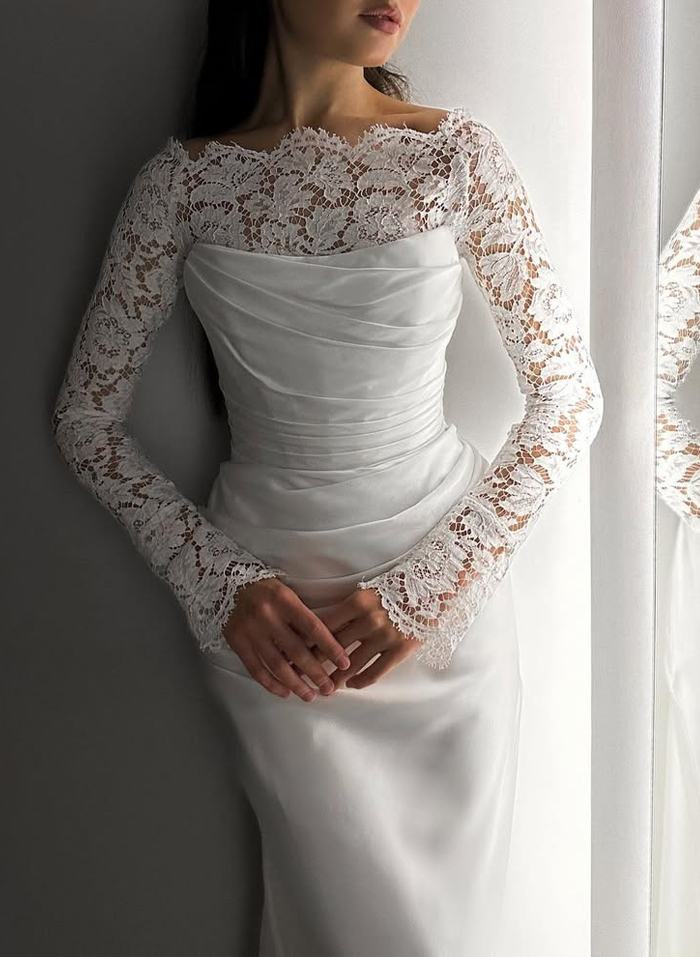 Unique Ruched Scoop Neck Lace Long Sleeves Silk Like Satin Wedding Dresses