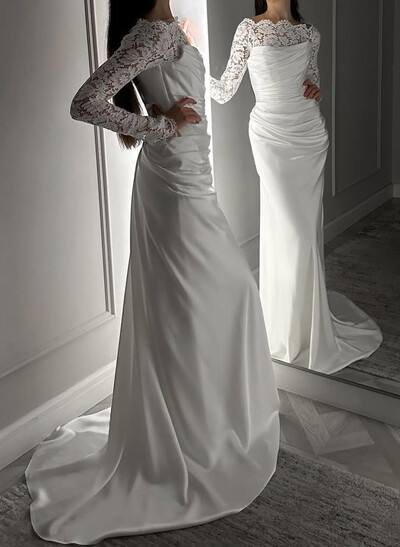 Unique Ruched Scoop Neck Lace Long Sleeves Silk Like Satin Wedding Dresses
