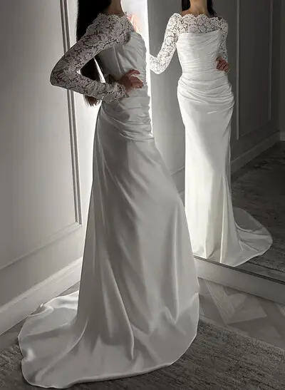 Unique Ruched Scoop Neck Lace Long Sleeves Silk Like Satin Wedding Dresses