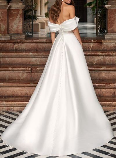 Classy A-Line High Split Off-The-Shoulder Satin Wedding Dresses