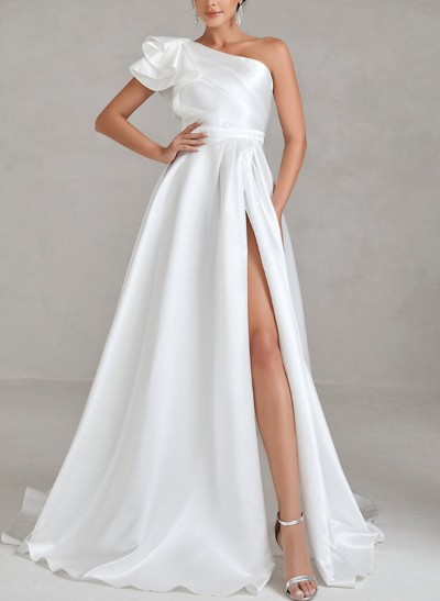 Free-Spirited A-Line One-Shoulder Ruffle Satin Wedding Dresses With High Split