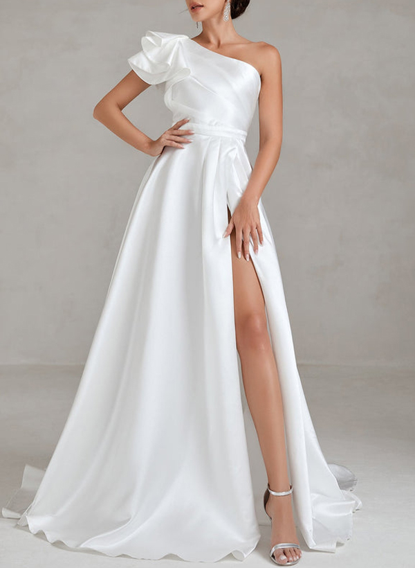 Free-Spirited A-Line One-Shoulder Ruffle Satin Wedding Dresses With High Split