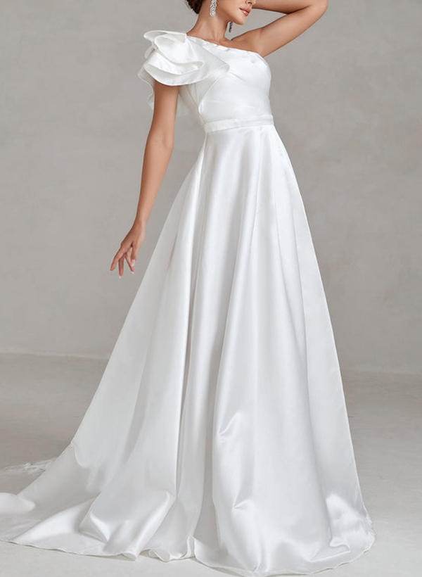 Free-Spirited A-Line One-Shoulder Ruffle Satin Wedding Dresses With High Split