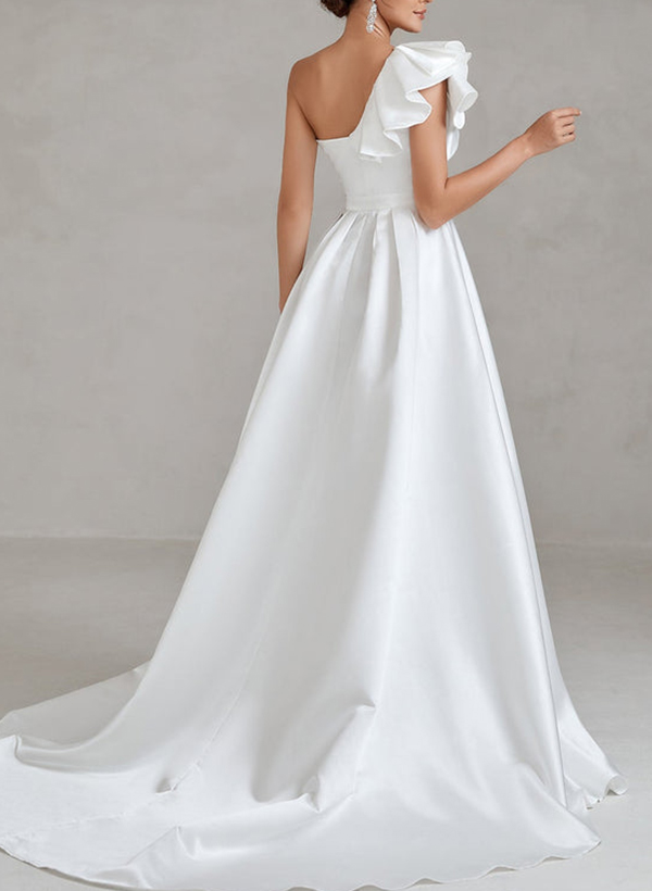 Free-Spirited A-Line One-Shoulder Ruffle Satin Wedding Dresses With High Split