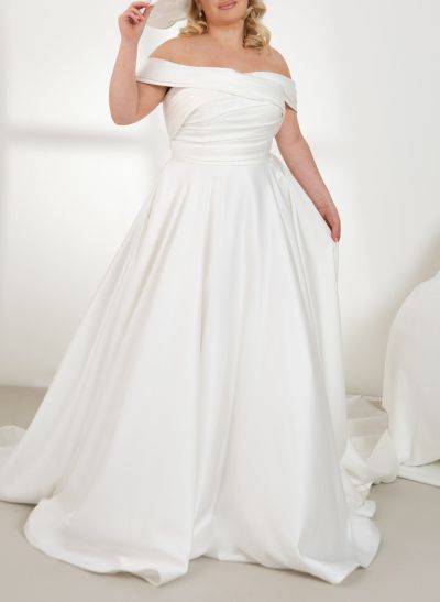 Classy Plus Size A-Line Ruched Off-The-Shoulder Sweep Train Satin Wedding Dresses