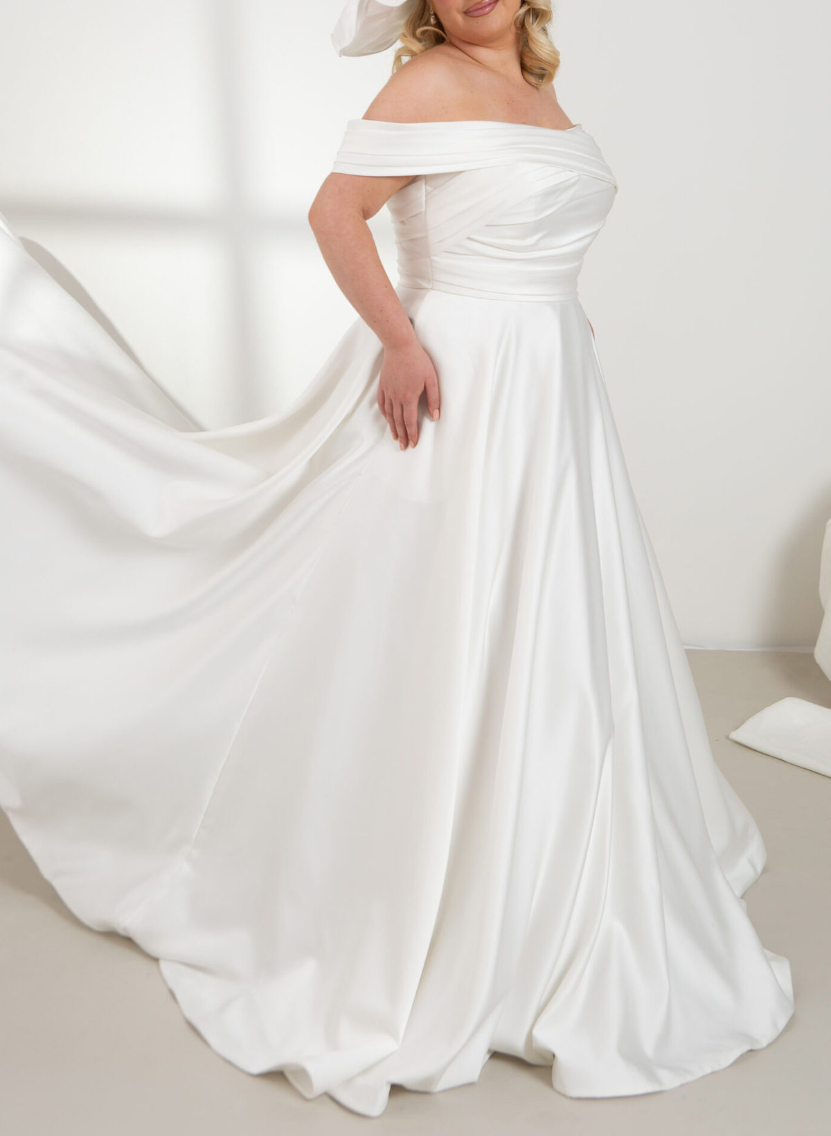 Classy Plus Size A-Line Ruched Off-The-Shoulder Sweep Train Satin Wedding Dresses