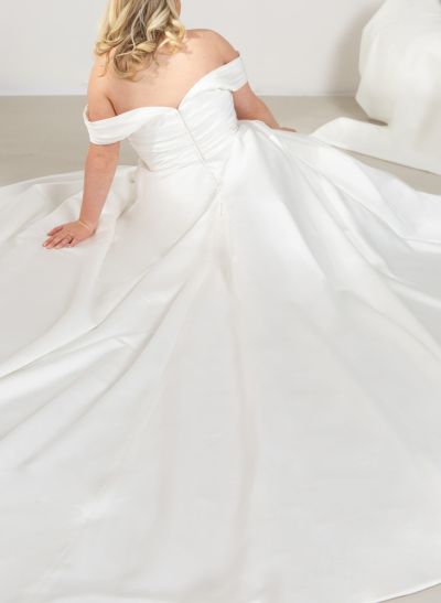 Classy Plus Size A-Line Ruched Off-The-Shoulder Sweep Train Satin Wedding Dresses