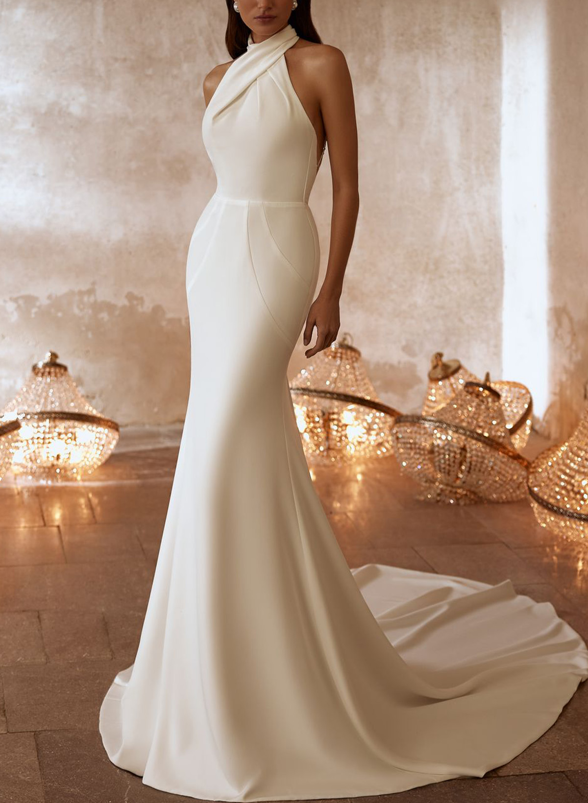 Flattering Trumpet Halter Outcut On The Back Elastic Satin Wedding Dresses