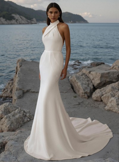 Flattering Trumpet Halter Outcut On The Back Elastic Satin Wedding Dresses