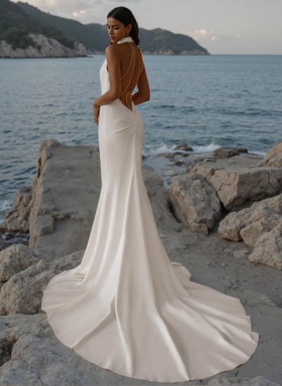 Flattering Trumpet Halter Outcut On The Back Elastic Satin Wedding Dresses