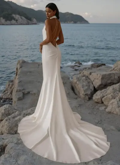 Flattering Trumpet Halter Outcut On The Back Elastic Satin Wedding Dresses