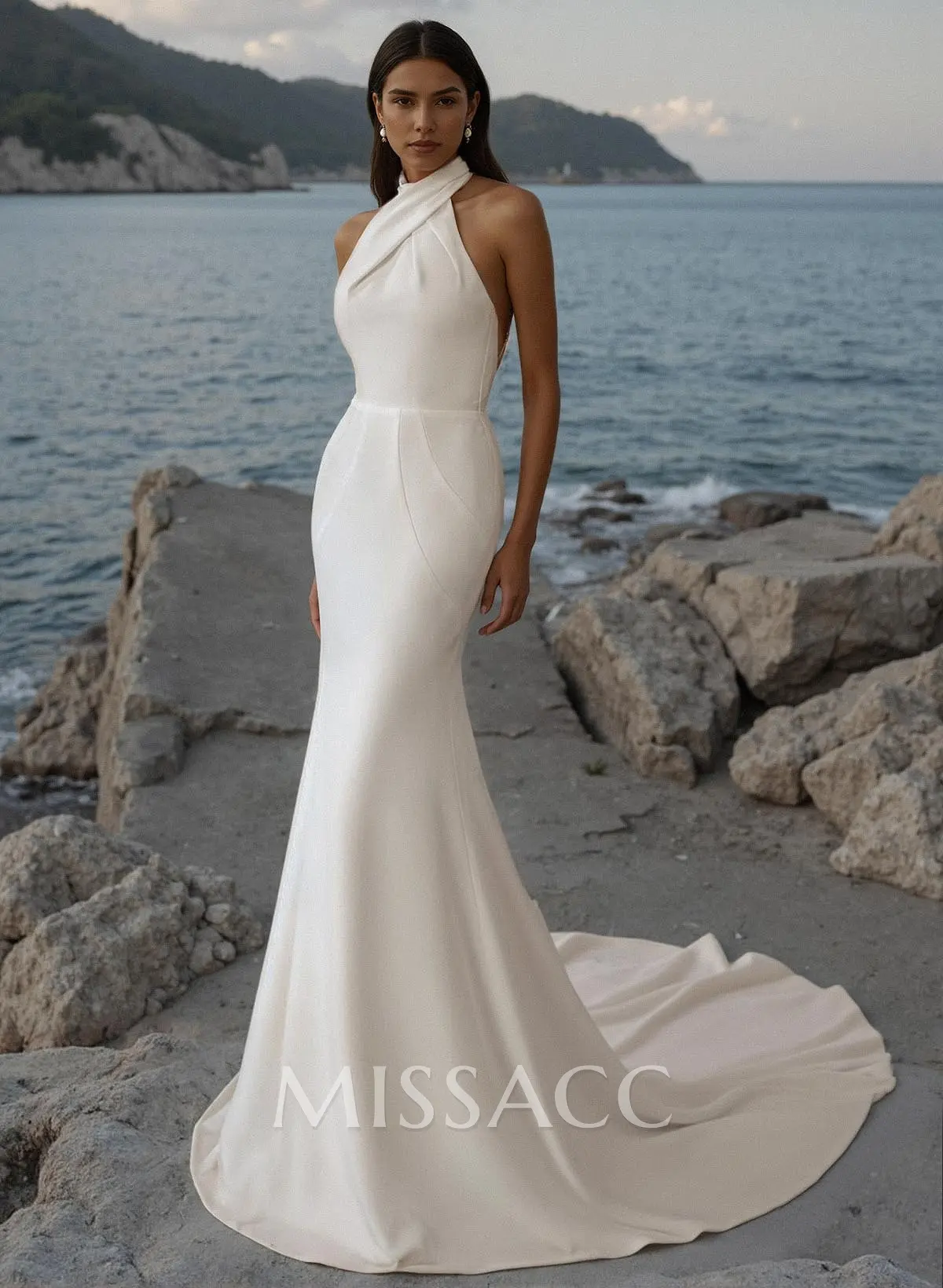 Flattering Trumpet Halter Outcut On The Back Elastic Satin Wedding Dresses - Missacc UK Flattering Trumpet Halter Outcut On The Back Elastic Satin Wedding Dresses - Missacc UK