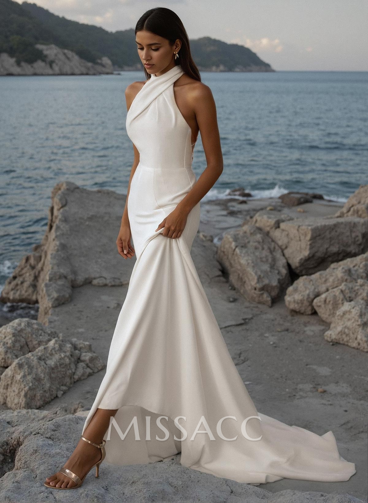 Flattering Trumpet Halter Outcut On The Back Elastic Satin Wedding Dresses
