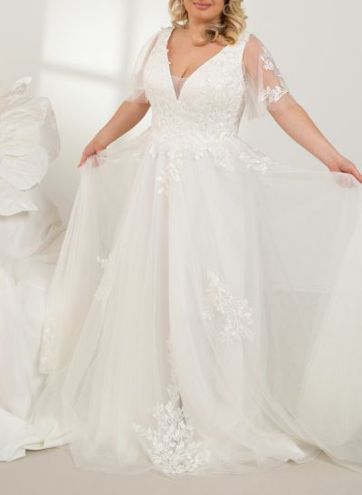 Classic Plus Size A-Line V-Neck Short Sleeves Tulle Wedding Dresses With Lace