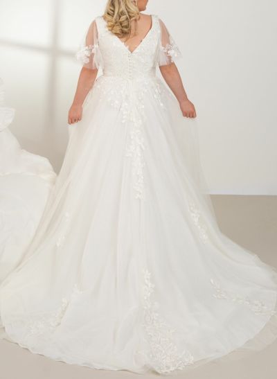 Classic Plus Size A-Line V-Neck Short Sleeves Tulle Wedding Dresses With Lace