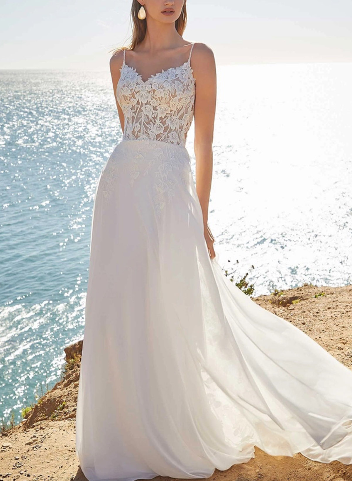 Whimsical V-Neck Spaghetti Straps Sweep Train Lace Wedding Dresses With Lace Applique