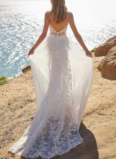 Whimsical V-Neck Spaghetti Straps Sweep Train Lace Wedding Dresses With Lace Applique