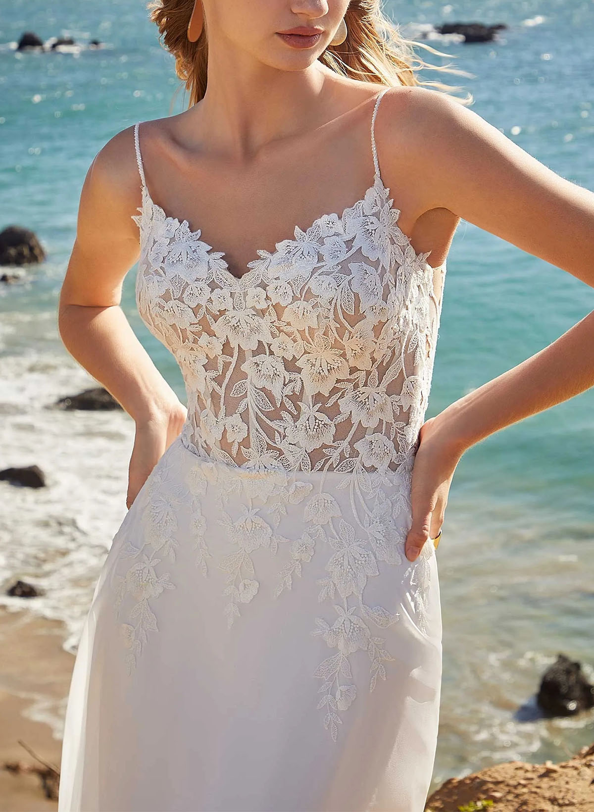 Whimsical V-Neck Spaghetti Straps Sweep Train Lace Wedding Dresses With Lace Applique