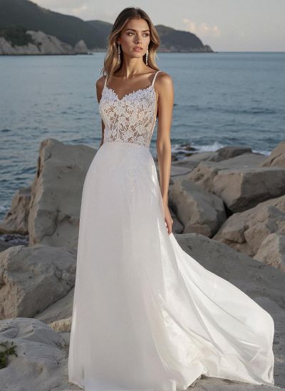 Whimsical V-Neck Spaghetti Straps Sweep Train Lace Wedding Dresses With Lace Applique