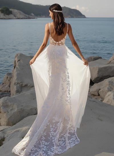 Whimsical V-Neck Spaghetti Straps Sweep Train Lace Wedding Dresses With Lace Applique