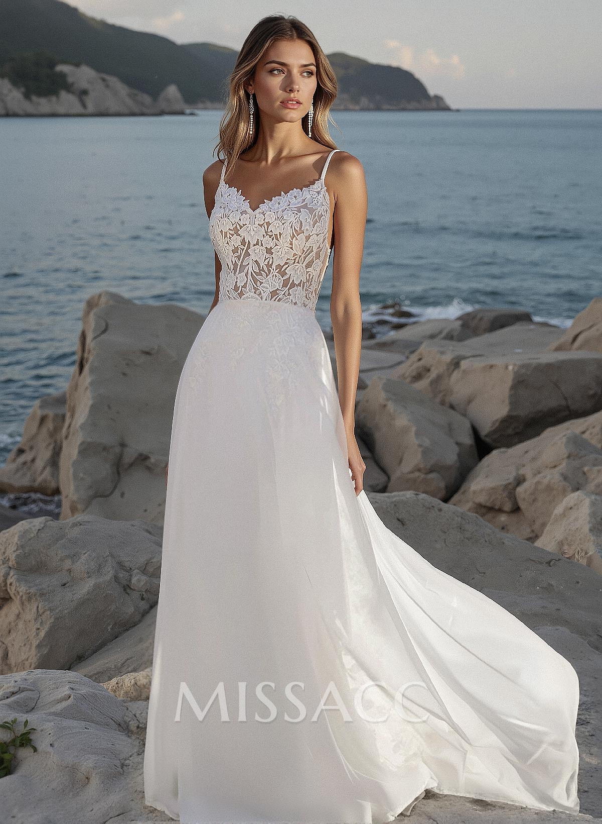 Whimsical V-Neck Spaghetti Straps Sweep Train Lace Wedding Dresses With Lace Applique