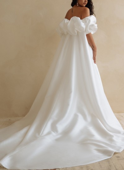 Elopement Trumpet Ruched Straps Satin Wedding Dresses With Detachable Train