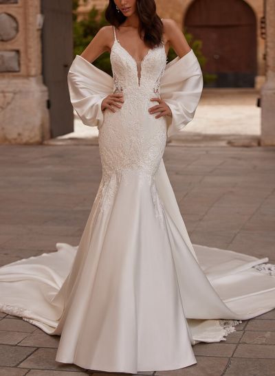 Luxury Trumpet V-Neck Spaghetti Straps Satin Wedding Dresses With Appliques Lace