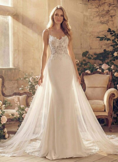 Elegant Trumpet V-Neck Detachable Train Satin Wedding Dresses With Appliques Lace