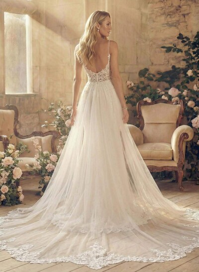 Elegant Trumpet V-Neck Detachable Train Satin Wedding Dresses With Appliques Lace