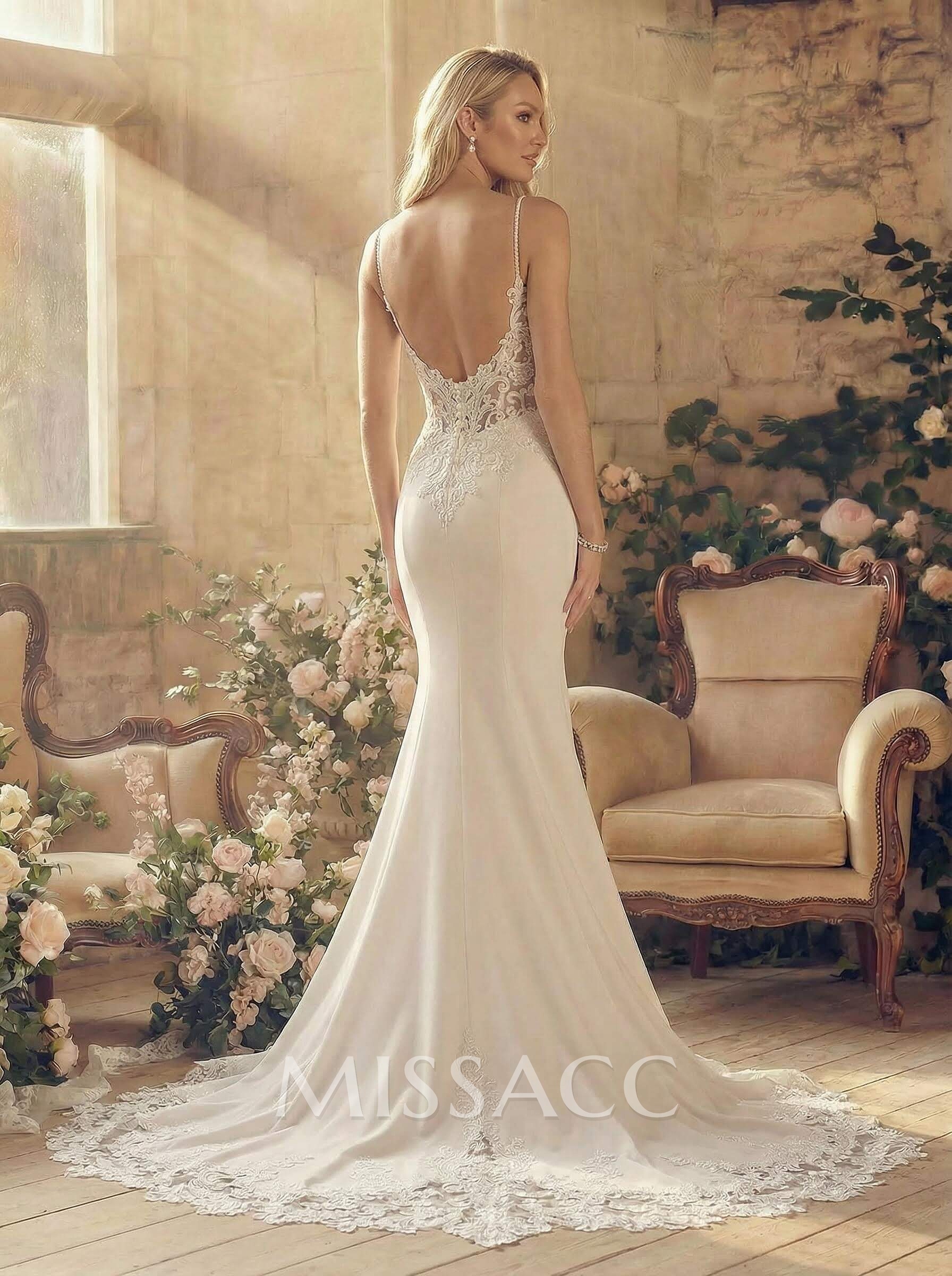 Elegant Trumpet V-Neck Detachable Train Satin Wedding Dresses With Appliques Lace