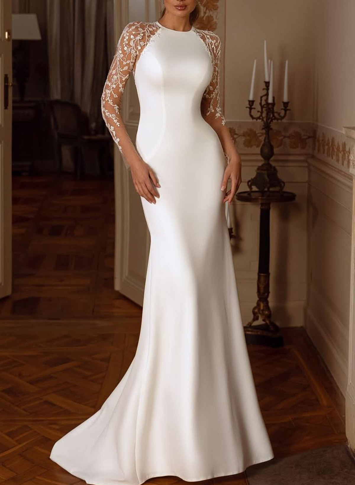 Exquisite Trumpet Scoop Neck Long Sleeves Elastic Satin Wedding Dresses With Lace