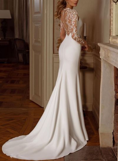 Exquisite Trumpet Scoop Neck Long Sleeves Elastic Satin Wedding Dresses With Lace