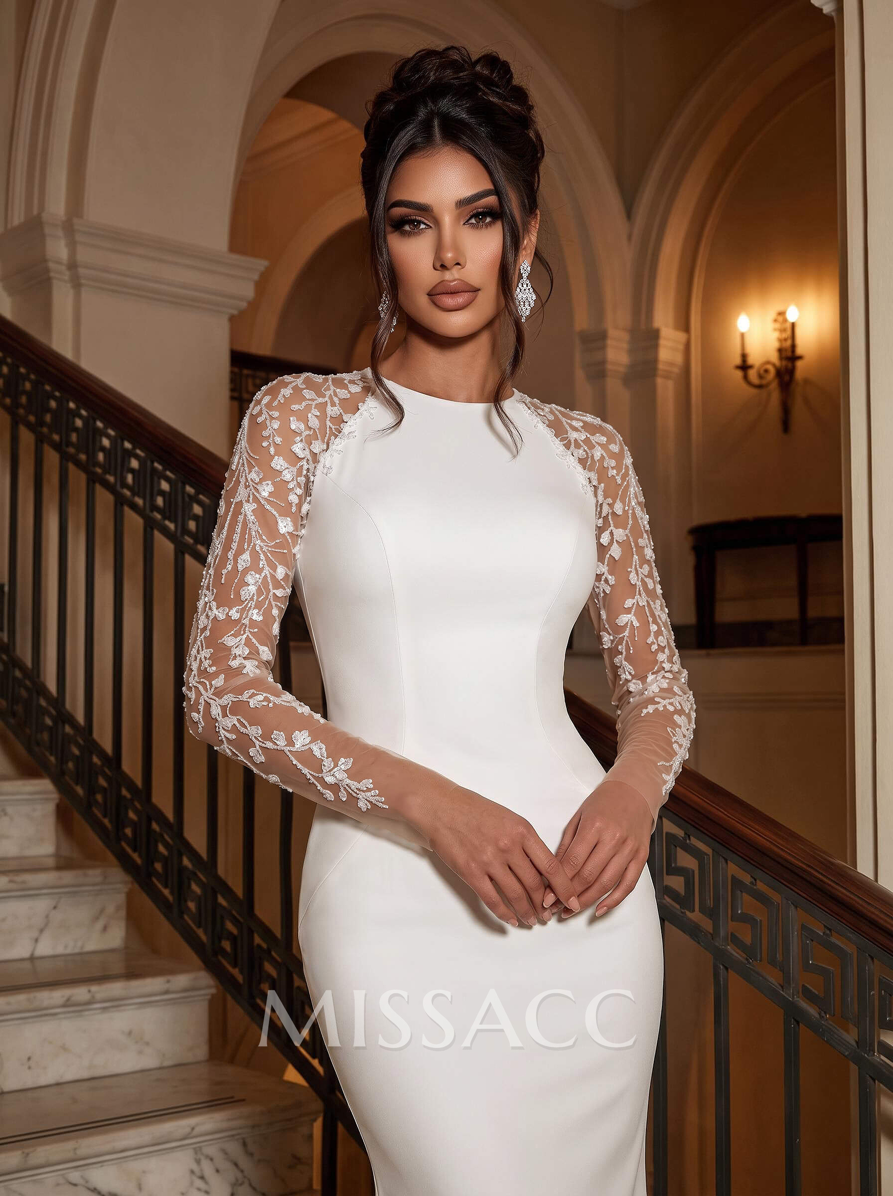 Exquisite Trumpet Scoop Neck Long Sleeves Elastic Satin Wedding Dresses With Lace Exquisite Trumpet Scoop Neck Long Sleeves Elastic Satin Wedding Dresses With Lace