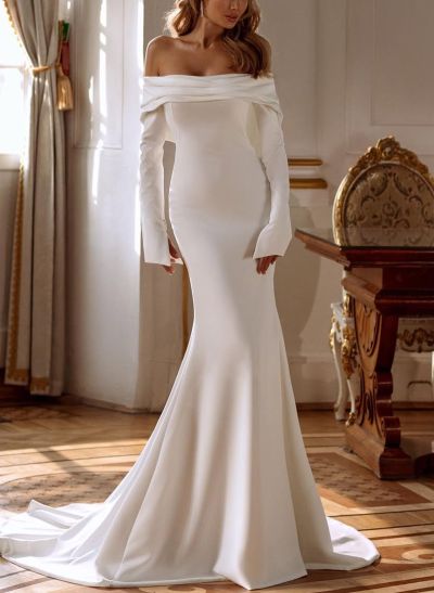 Modest Trumpet Off-The-Shoulder Long Sleeves Wedding Dresses With High Split