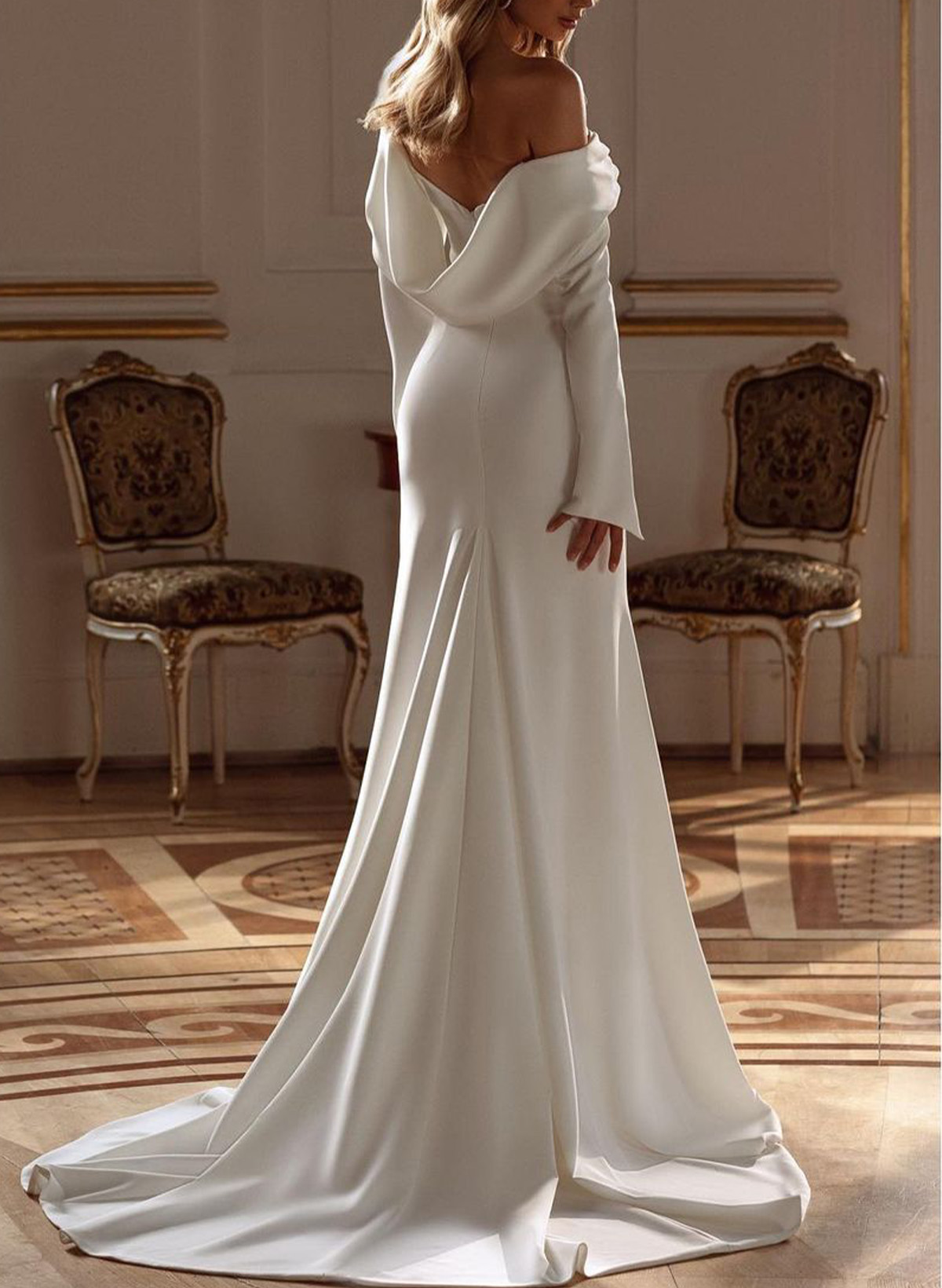 Modest Trumpet Off-The-Shoulder Long Sleeves Wedding Dresses With High Split