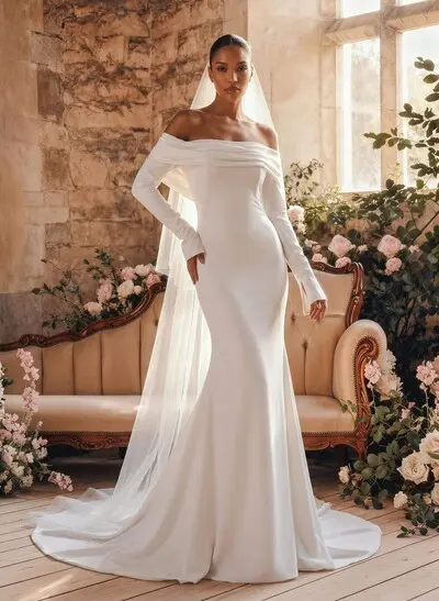 Modest Trumpet Off-The-Shoulder Long Sleeves Wedding Dresses With High Split