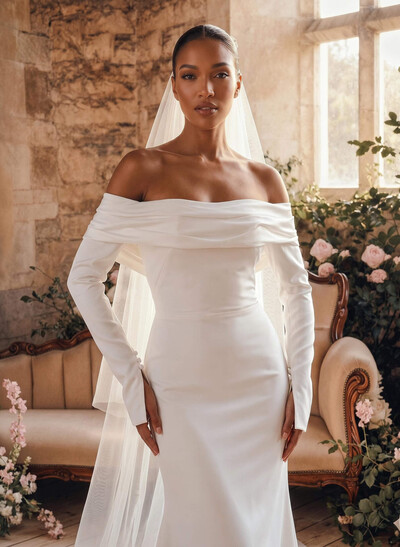 Modest Trumpet Off-The-Shoulder Long Sleeves Wedding Dresses With High Split